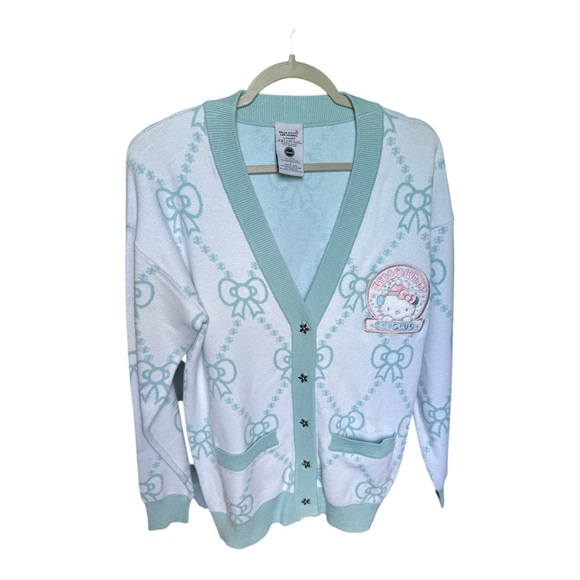 Hello Kitty Ski Club Blue White Pink Winter V Neck Button Down Cardigan Sweater - Picture 1 of 8
